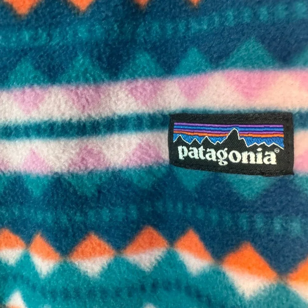 Patagonia Kids Footed One-Piece Fleece Romper in Teal, Pink & Orange Geo Print